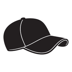  Silhouette illustration of a baseball cap with a curved brim and rounded crown. 