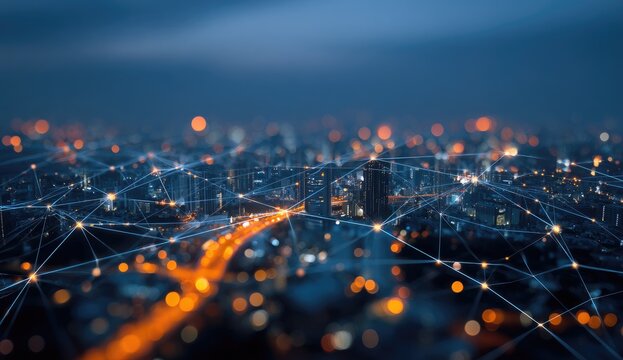 Night cityscape with interconnected network.  Blurred city lights connect via lines.  Abstract representation of global connectivity