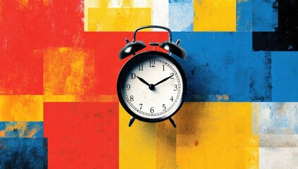 A black alarm clock sits atop a vibrant, abstract background of overlapping, textured squares in red, yellow, and blue