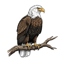 Fototapeta premium Detailed illustration of a bald eagle perched on a branch, showcasing intricate line work and shading.