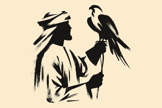 Arab man with falcon silhouette black brush vector illustration