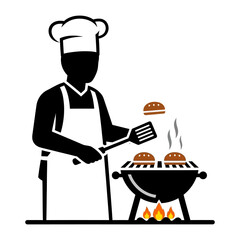 Grilling Perfection: An illustrated chef expertly flips burgers on a sizzling grill, creating a mouthwatering culinary scene that embodies the essence of outdoor cooking and summer fun.
