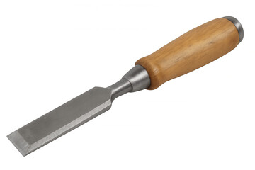 Wooden-handled chisel resting on clear surface, showcasing traditional woodworking tool for precision crafting