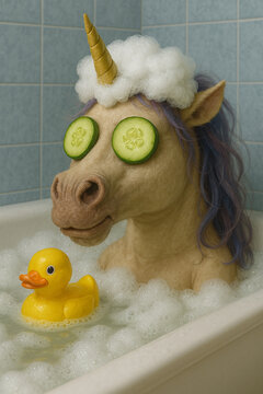 Einhorn entspannt in der Badewanne mit Gurkenscheiben und Quietscheente