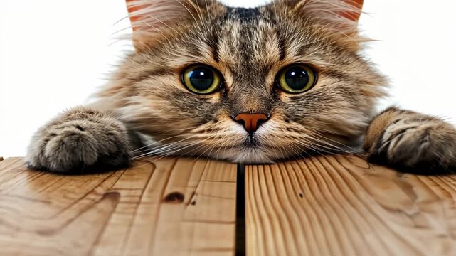 A fluffy cat with striking eyes is curiously looking over a wooden table, showcasing its playful and inquisitive nature