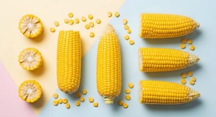 Top view flat lay of fresh sweet corn on the cob and kernels on a colorful pastel background. Healthy vegetarian food and harvest concept.