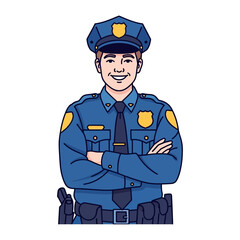 Portrait of a Law Enforcement Officer: A smiling, friendly police officer stands confidently, with arms crossed. This illustration captures the essence of safety and service within the community.