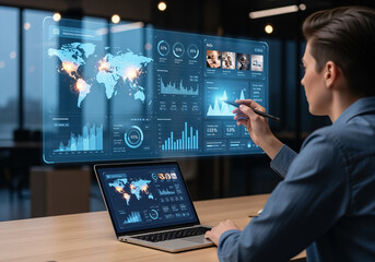 Obraz premium Data Analyst Working with Interactive Charts on Laptop in Modern Office Environment