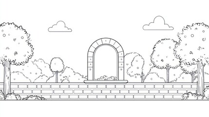 Black and white sketch of a peaceful garden scene with an arched gateway and plants