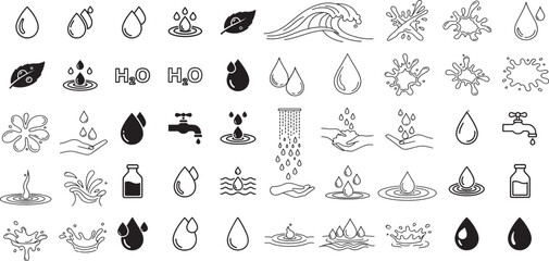 Comprehensive Water Elements and Fluid Icons: A Diverse Set Representing Drops, Splashes, Waves, and Nature