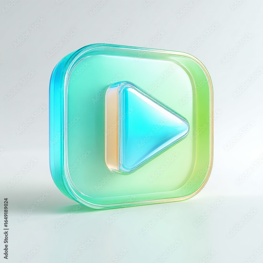 Poster 3d media and video launch icon in green, indicating that it is on. glossy shine on a plain backgroun