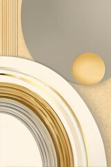 Abstract geometric design with circles, lines, and textures.  Beige, gold, and gray tones create a minimalist aesthetic.  Layered shapes