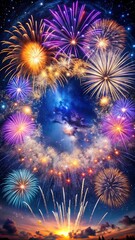 Fototapeta premium Colorful fireworks explode in the night sky, creating a dazzling spectacle for a celebration