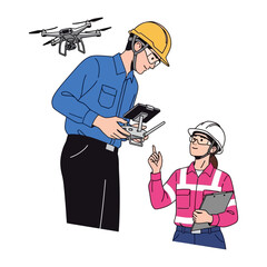 Aerial Inspection Team at Work: Two dedicated professionals in hard hats and safety glasses collaborate on an aerial inspection with a drone, a testament to technological advancement in the field.