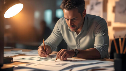 Serious American Graphic Artist Designing a Project in Graveyard Job