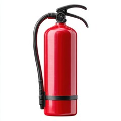 Fototapeta premium A red fire extinguisher with a black hose and handle, designed for emergency fire suppression.