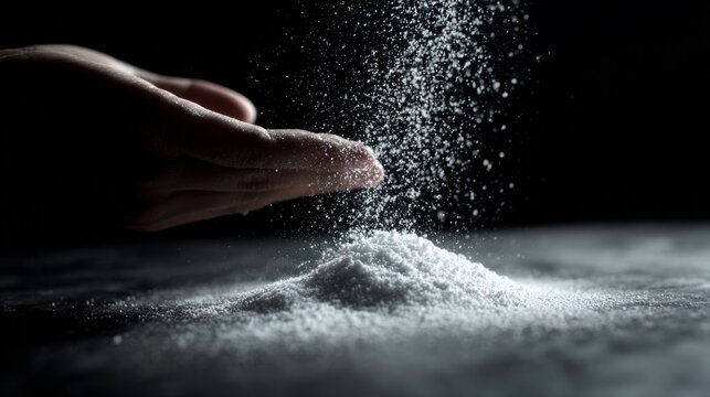 Flour pouring from hand on black background for bakery product branding artisan food photography motion texture baking design concept