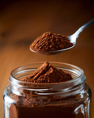 A spoonful of rich cocoa powder ready to be added to a jar