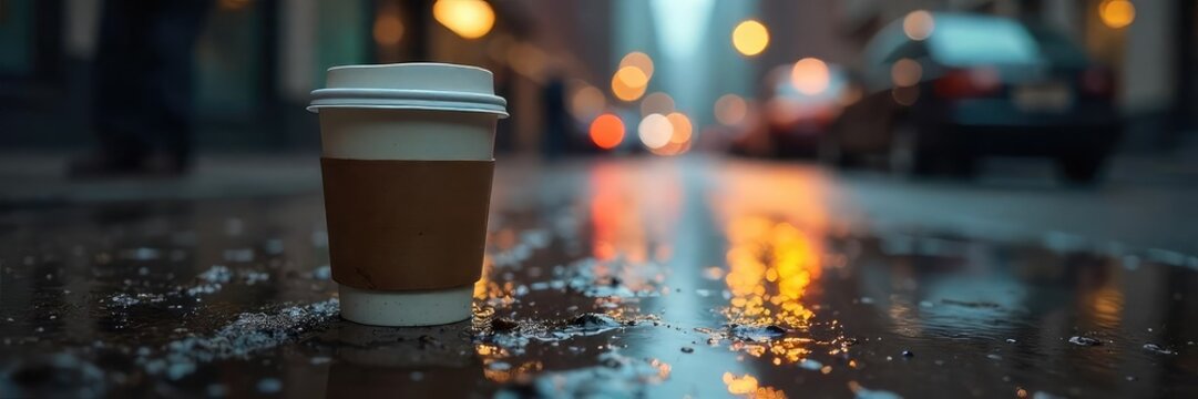 A discarded coffee cup sits on a rain-soaked street, symbolizing a painful and abrupt separation, reflecting the bitterness of heartbreak and loneliness in the urban landscape ,  reflective,  end