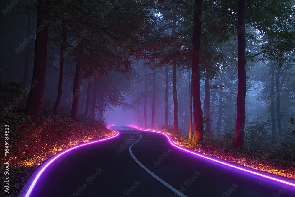 Poster futuristic glowing road with vibrant neon lights in a dark forest setting creating a mesmerizing vis