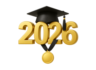 Golden 2026 graduation year with academic cap and medal symbolizing achievement and future success isolated on transparent background