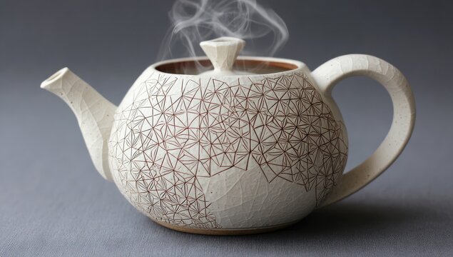 A stylized ceramic teapot, off-white with a reddish-brown geometric pattern, is steaming