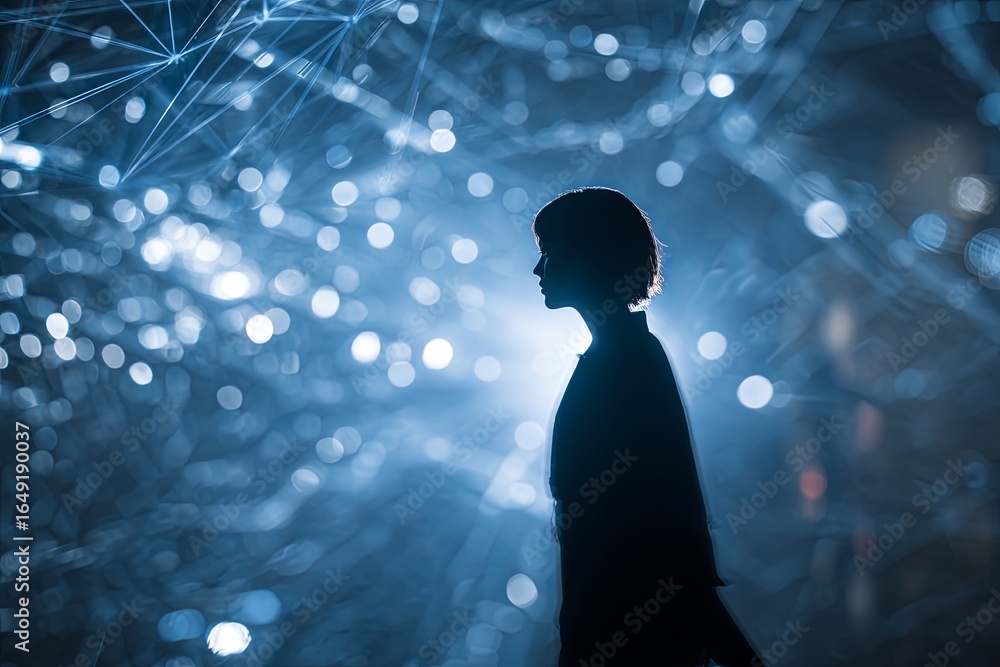 Aufkleber digital silhouette of a person in a glowing network landscape with blue lights and abstract connecti