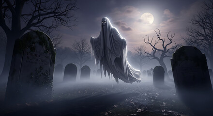 A ghostly apparition floats through a foggy graveyard under the light of a full moon at night