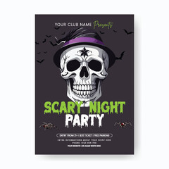 Happy Halloween Celebration Horror Night Party Invitation Poster Featuring Glowing Scary Skull Vector Illustration, Dark Background Flyer and Leaflet Design