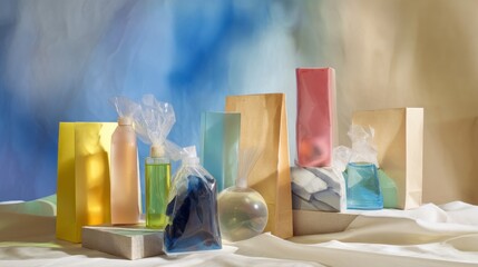 Colorful glass perfume bottles with fabric background for beauty branding cosmetics packaging product photography aesthetic modern composition