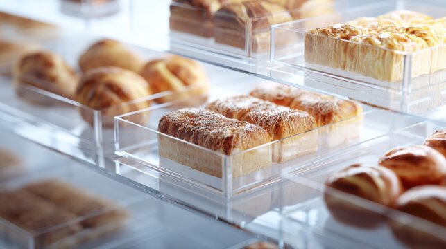 Pastry trays with fresh baked goods in transparent containers for bakery food photography product packaging delicious display commercial visual