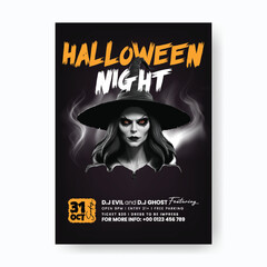 Halloween Party Event Flyer and Poster Template with Dark Background, Scary Face Witch Vector Illustration for Trick or Treat Leaflet Design