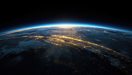 Obraz premium Earth from space, sunrise over cities. A view of the Earth's surface from orbit, highlighting a sunrise over a band of illuminated cities. Nighttime contrasts with the rising sun