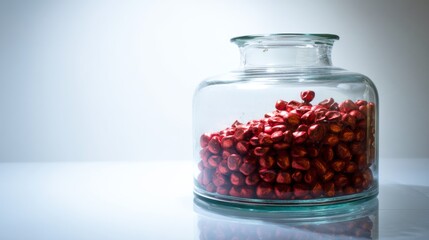 Glass jar filled with pomegranate seeds on white background for nutrition healthy food concept minimal kitchen organic ingredient presentation