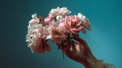 Hand holding fresh bouquet of pink flowers against blue background for spring botanical design romantic nature aesthetic floral photography