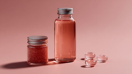 Minimal pink skincare product bottles with gel capsules on table for beauty health cosmetic packaging branding clean product photography
