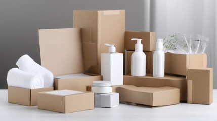 Brown cardboard boxes with white cosmetic containers for packaging branding spa skincare clean product design background composition display