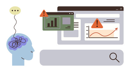 Human head with tangled lines in the brain represents confusion, connected to data analysis screens with warning alerts. Ideal for mental health, stress, error, data overload, focus, troubleshooting