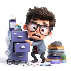 A stressed cartoon man searches through a cluttered filing cabinet amid stacks of paperwork and office supplies.
