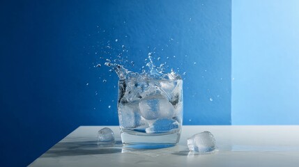 Ice splash in transparent glass with blue background for refreshment beverage product advertising hydration drink branding cold photography