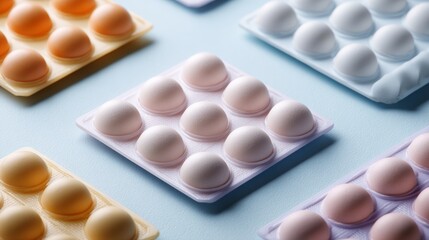 Colorful pharmaceutical blister packs with pills arranged in rows for health supplement medicine packaging product pharmacy photography concept