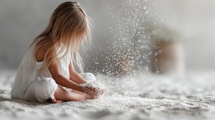 Child playing with white powder on red background for childhood fun creativity mess concept sensory playtime product advertising photography