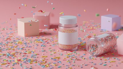 Colorful confetti explosion with skincare jars and cream tubes for festive product beauty packaging celebration branding marketing design photography