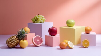 Arrangement of fresh fruits and pastel geometric shapes on pink background for modern health branding concept food photography design