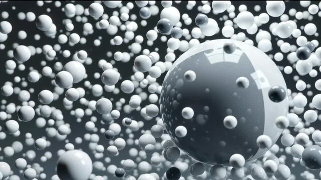 An abstract 3D animation features a large, segmented sphere rotating in the center, surrounded by smaller spheres of black and white. 