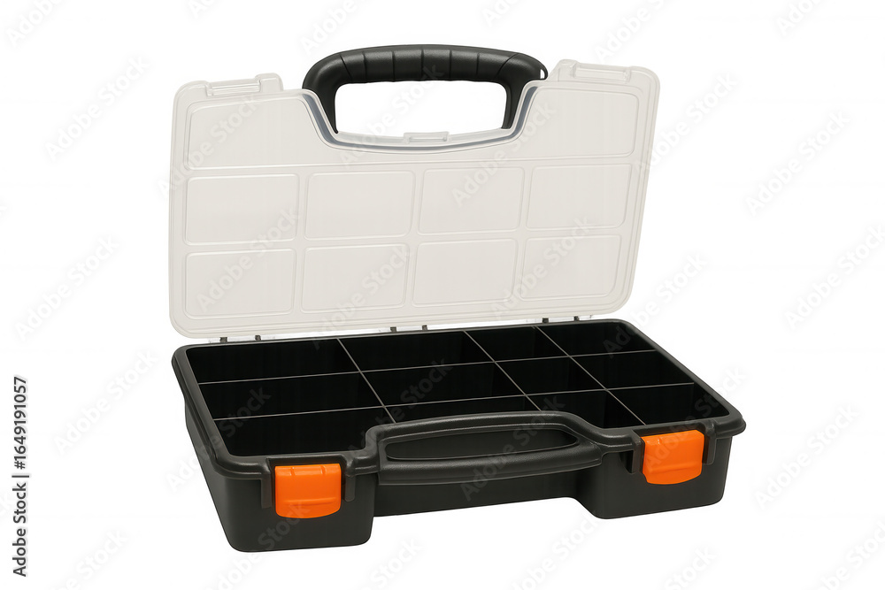 Poster black and orange plastic toolbox with transparent lid open showing empty compartments, isolated on t