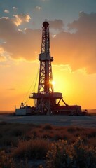 Fototapeta premium A large drilling rig operating in an eastern landscape, dust billowing in the air as it extracts resources from the earth The sun sets casting long shadows across the scene , industrial, drilling