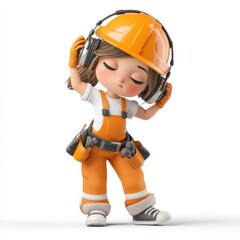 Fototapeta premium A cute 3D cartoon girl in orange construction gear listens to music with headphones, eyes closed, enjoying the moment.