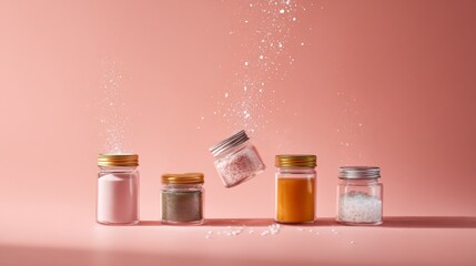Colorful beauty jars exploding on pastel pink background for skincare cosmetics branding advertising wellness concept creative product