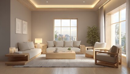 Beige and light wood modern living room with city view